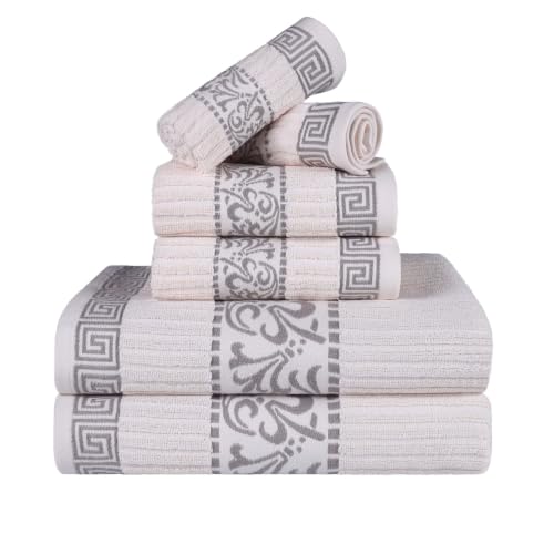 Superior Greek Pattern Decorative 6-Piece Towel Set, Absorbent Premium Cotton, Decor for Bathroom, Spa, Includes 2 Hand, 2 Face, and 2 Bath Towels, Home Essentials, Athens Collection, Ivory-Chrome