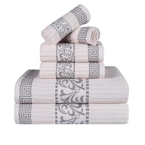 Superior Greek Pattern Decorative 6-Piece Towel Set, Absorbent Premium Cotton, Decor for Bathroom, Spa, Includes 2 Hand, 2 Face, and 2 Bath Towels, Home Essentials, Athens Collection, Ivory-Chrome
