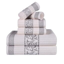 Superior Greek Pattern Decorative 6-Piece Towel Set, Absorbent Premium Cotton, Decor for Bathroom, Spa, Includes 2 Hand, 2 Face, and 2 Bath Towels, Home Essentials, Athens Collection, Ivory-Chrome
