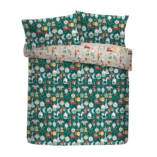 Fusion Christmas Ornaments Duvet Cover Set, 52% Recycled Polyester 48% Cotton, Super-King 260x220cm, Green, Reversible Print, 2 Pillowcases