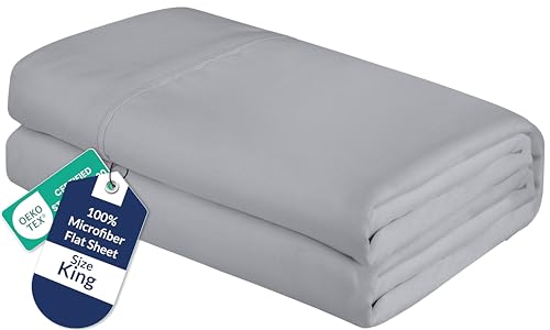 Royale Linens King Flat Sheet - Ultra Soft Brushed 1800 Microfiber Flat Sheets Only - Wrinkle Free & Stain Resistant - Hotel Quality Top Sheet for Bed (King, Silver)
