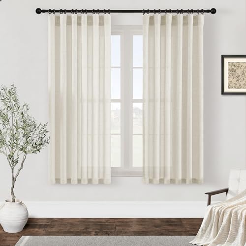 DUKIYO Natural Linen Curtains 63 Inch Length for Bedroom Kitchen Laundry Room Rustic Rod Pocket Hook Belt Semi Sheer Cream Window Curtains 63 Inches Long Light Filtering Privacy Farmhouse 2 Panels