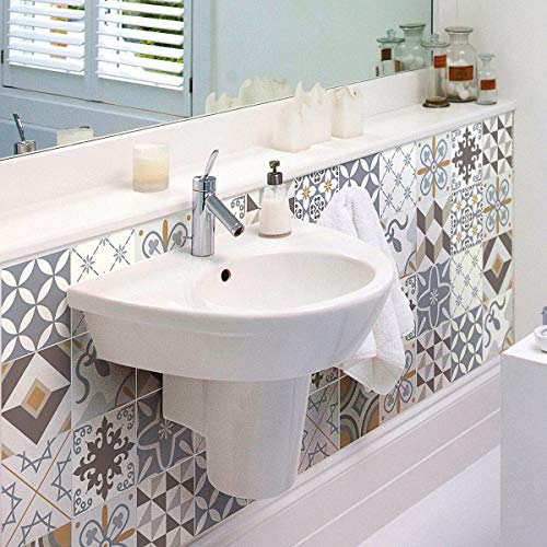 Ambiance Sticker Self-Adhesive Decorative Wall Decal Cement Tile for Bathroom and Kitchen Ornements Sobres - Pack of 24 Stickers of 20 x 20 cm