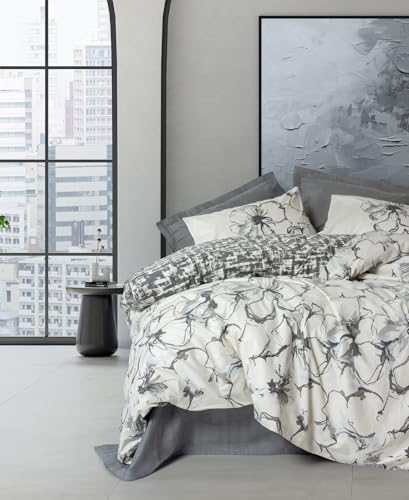 Nuit Des Rêves Premium Ranforce Double Quilt Cover Set (200 x 200 cm), Anthracite, 100% Cotton, 2 Pillowcases (80 x 80 cm), Machine Washable, Elegant Pigment Printing, Button Closure
