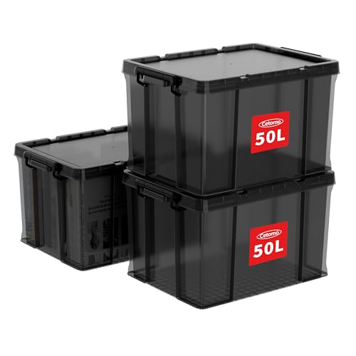 Cetomo 50L*3 Heavy-Duty Storage Boxes, Plastic Stackable Storage Box with Lids, Storage Bins with Reinforced Corners, Vertical Sides and Clip Closure, Durable, Sturdy, Transparent Black, 50L-3Pack