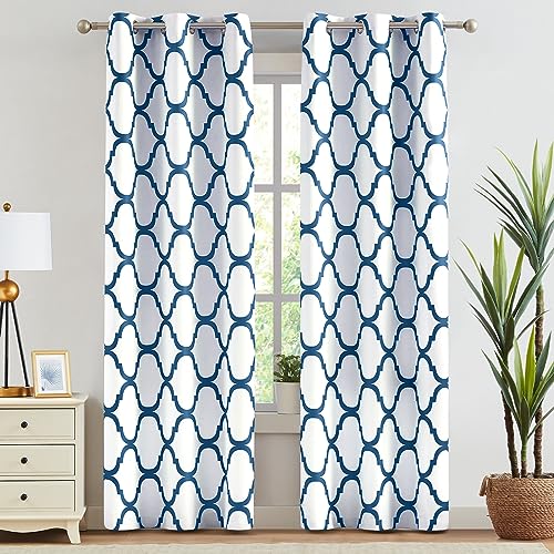 Melodieux Moroccan Printed Room Darkening Blackout Grommet Curtains for Bedroom Living Room, 42 by 72 Inch, Off White/Royal Blue (2 Panels)