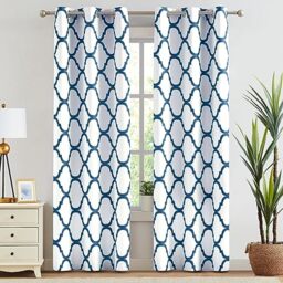 Melodieux Moroccan Printed Room Darkening Blackout Grommet Curtains for Bedroom Living Room, 42 by 72 Inch, Off White/Royal Blue (2 Panels)