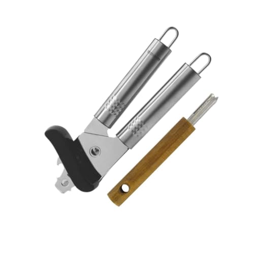 Fackelmann 9943650 Duo Manual Box Opener and Tongue Pull, Can Opener, Tongue Pull, Stainless Steel, Plastic, Wood, Stainless Steel, Silver, Black, Brown, 20.5 x 5.5 x 4.5 cm