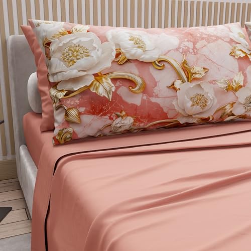PETTI Artigiani Italiani - Cotton Sheets with Pillowcases in Digital Print, Single Bed Sheet, Single Bed Set, Floral 11 Salmon, 100% Made in Italy