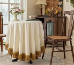"F-CHU White Tablecloth Thickset Velvet Tablecloth with Beautiful Gold Tassels Vintage Table Cloth for Home Decor Wedding, Party, Banquet and Events 60"" Round"
