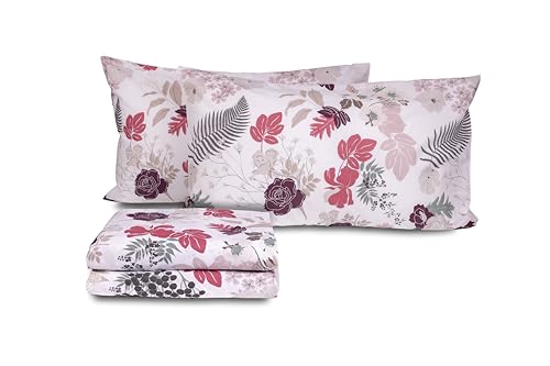 zer0bed Double Bed Linen Set in Floral Pattern, Made in Italy, Top Sheet + Fitted Sheet + Pair of Pillowcases, 100% Cotton, Mauve