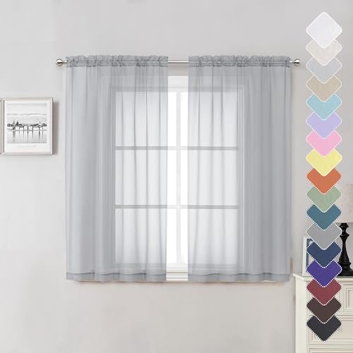Lecloud Light Grey Sheer Curtains 54 Inch Length 2 Panels, Airy & Breathable Solid Voile Silver Gray Curtain with Dual Rod Pockets, Kitchen/Bedroom/Living Room Window Short Drapes, 40x54 Inch