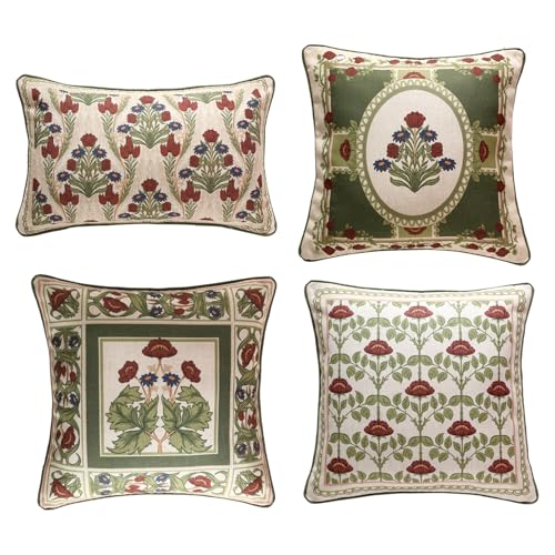 ISAENNE Design Linen Lumbar Square Round Throw Pillow Covers Set of 5, Yellow Green French Cushion Covers with Red Purple Floral Pattern Decoration Pillowcases for Bed, Living Room, Outdoor, Car