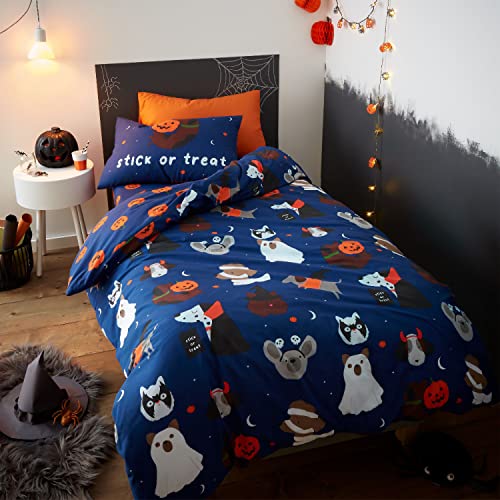 Catherine Lansfield Bedding Halloween Dogs Glow in the Dark Double Duvet Cover Set with Pillowcases Blue