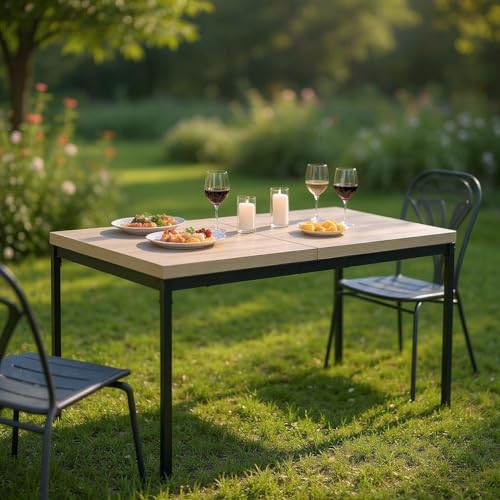 FurnitureR Garden Dining Tables in Grey, Sleek and Elegant Style for 4 to 6 People, Thick Wood Top with Metal Frame, for Terrace, Patio, Garden, 150x75x75cm
