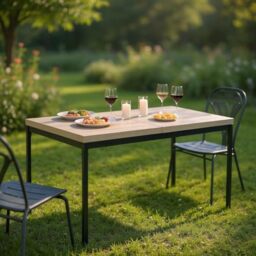 FurnitureR Garden Dining Tables in Grey, Sleek and Elegant Style for 4 to 6 People, Thick Wood Top with Metal Frame, for Terrace, Patio, Garden, 150x75x75cm