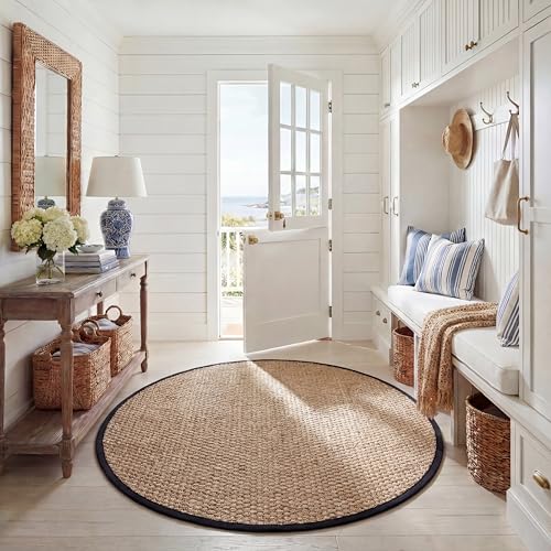 SAFAVIEH Natural Fiber Rug for Living Room, Dining Room, Bedroom - Natural Fiber Collection, Short Pile, in Natural and Black, 201 X 201 cm