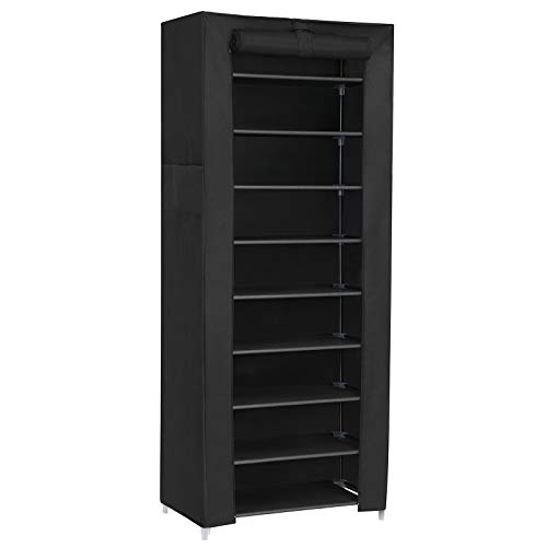 SONGMICS 10-Tier Shoes Rack with Dustproof Cover, 28 x 58 x 160 cm, Shoe Storage Cabinet, Shoe Organiser, Shoe Stand Holds 27-35 Pairs of Shoes, for Living Room, Hallway, Black RXJ10H