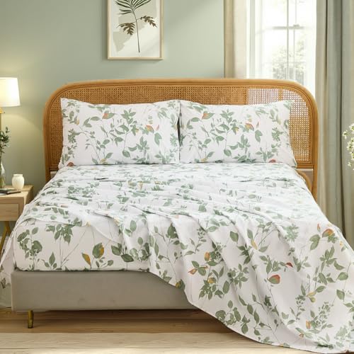 Cozaline 100% Cotton Sheets Set King Size ??? 4 Pieces Luxury Breathable Percale Cotton Bedding with Deep Pockets, Crisp Cool Feeling, Soft&Durable, Refined Botanical Elegance, Green Floral Bed Sheets
