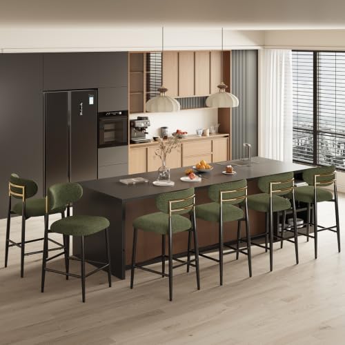 MALOL Counter Height Bar Stools Set of 6, Fabric Kitchen Bar Chairs with Backrest, Metal Legs and Footrest, Modern Barstools Counter with Anti-Slip Pads for Kitchen Island, Dining Room, Green