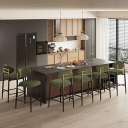 MALOL Counter Height Bar Stools Set of 6, Fabric Kitchen Bar Chairs with Backrest, Metal Legs and Footrest, Modern Barstools Counter with Anti-Slip Pads for Kitchen Island, Dining Room, Green