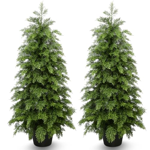 3ft Artificial Cedar Topiary Trees 2 Pack,Real Touch Cedar Tree Faux Plants Potted UV Resistant Evergreen Tree for Outdoor Indoor Door Garden Farmhouse Home Decoration