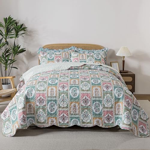 HoneiLife Quilt Sets Queen Size - 3 Pieces Microfiber Quilt Lightweight Bedspreads Floral Coverlets Retro Bed Cover Queen Quilt Bedding Sets All Season Use