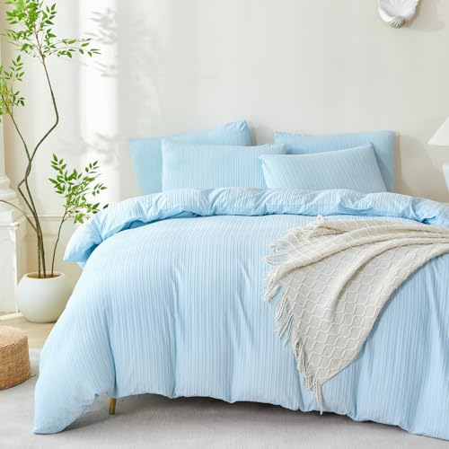TISPLR Comforter King Set Light Blue Striped Soft Luxury Washed Microfiber Jacquard 3 Pieces Bedding, Blue Vertical Ticking Stripes Pattern Comforter with 2 Pillowcases Breathable Durable Comfy