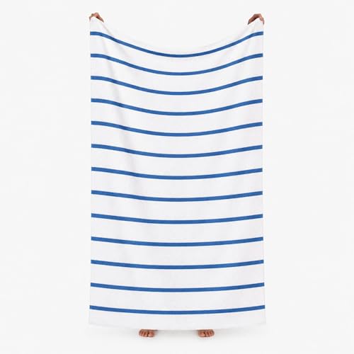 Komfortec Beach Towel 100 x 180 cm, Cotton, Large Bath Towel with Striped Design, Soft and Absorbent, Ideal for Beach, Pool and Holidays (Blue)