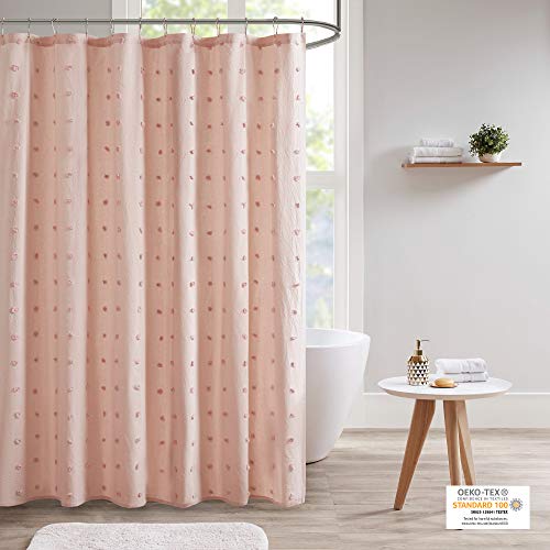 "URBAN HABITAT UH70-2242 Brooklyn Cotton Fabric Shower Curtain Jacquard Pom Machine Washable Shabby Chic Modern Home Bathroom Décor Bathtub Privacy Screen, 70"" x 72"", Pink"