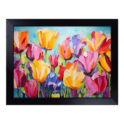 Lap Tray with Bean Bag Cushion, Tulip Flower Pop Art - Handmade in the UK, Raised Wooden Edge, Padded Cushion, Heat-Resistant Wipe-Clean Surface, for Meals, Laptops and Crafts