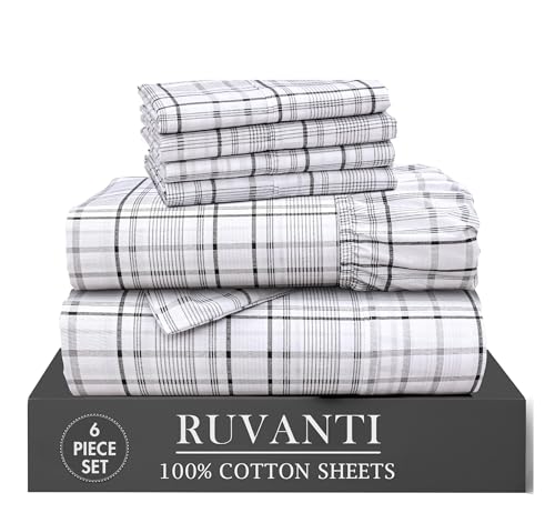 "Ruvanti 6 Pcs Cotton Sheets - 100% Natural Cotton Soft, Lightweight & Breathable Crispy Percale, Full Size Bed Sheets, 16"" Deep Pockets, Open Check"