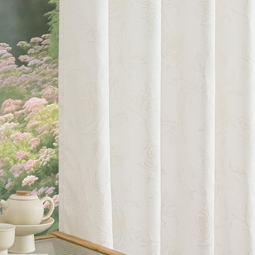 FMFUNCTEX Beige Floral Jacquard Curtains for Bedroom, Rose Flower Patterned Curtains 84 Inches Long Light Filtering Drapes for Living Room, Double Sided Design Drapes Grommet Top 2 Panles