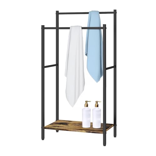 Relaxdays Freestanding Towel Rack with Shelf, 81.5x42x24 cm, Industrial, 2 Bars, Wood-Effect/Black