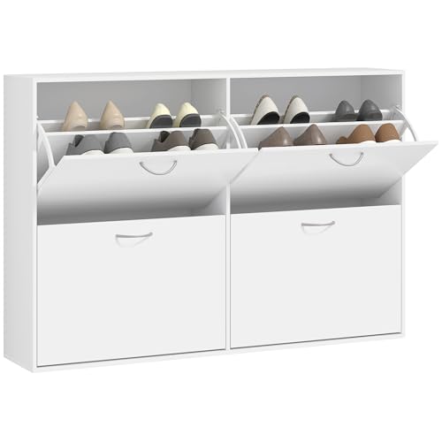HOMCOM Wooden Modern Design 4 Drawer Shoes Cabinet Pull Down Shelf Storage Organiser Entrance Hallway Furniture - White