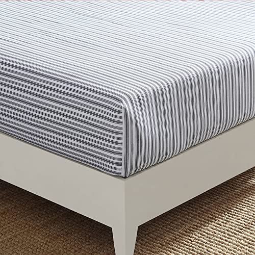 Nautica - Twin Fitted Sheet, Cotton Percale Bedding, Crisp & Cool, Casual Home Decor (Coleridge Stripe Charcoal, Twin)