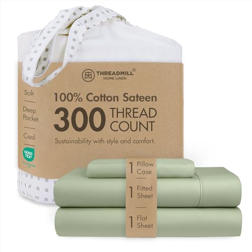 Threadmill - 300 Thread Count Sage Green Twin Sheets - 100% Long Staple Cotton Sheets - 3 Pc Bed Sheet Set - Washable & Breathable Sateen Sheets with Elasticized Deep Pockets - Wrinkle Free Sheets
