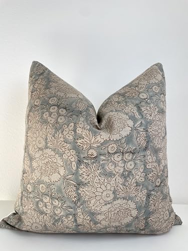 Canyon Theory Studio Hand Block Print Pure Linen 20x20 Inch Throw Pillow Cover: Indoor Outdoor Handmade Vintage Cushion Cover (Elowen)