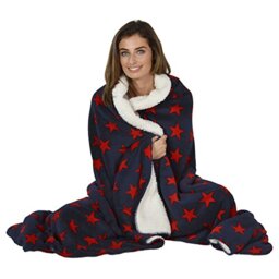 Micro-Pro Navy/Red Stars Fleece Blanket Soft Sherpa Home Warm Sofa Bed Throw 150x200cm