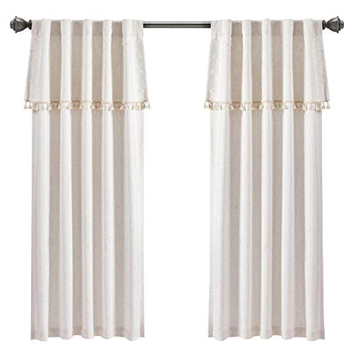 "Lush Decor Ivy Tassel Curtains - Solid Color Window Panel Living, Dining Room, Bedroom (Pair), 63” x 40”, Neutral, 63"" x 40"""