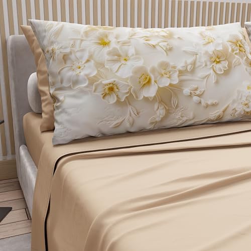 PETTI Artigiani Italiani - Cotton Sheets with Pillowcases in Digital Print, Double Bed Sheet, Complete Bed Set, Floral 10 Beige, 100% Made in Italy