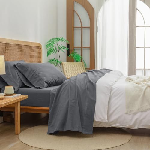 BESTOUCH Full Washed Cotton Linen Feel Sheet Set 4 Pcs Quiet Shade Grey - 4 Piece Sheets, Deep Pockets with All???Around Elastic, Linen-Like Texture, Extra Soft & Breathable, No???Iron