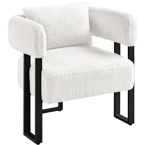 Yaheetech Tub Chair, Modern Boucle Fabric Vanity Chair, Cozy Accent Chair with Metal Legs and Lumbar Pillow, Upholstered Armchair for Living Room Makeup Room Bedroom, White