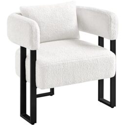 Yaheetech Tub Chair, Modern Boucle Fabric Vanity Chair, Cozy Accent Chair with Metal Legs and Lumbar Pillow, Upholstered Armchair for Living Room Makeup Room Bedroom, White