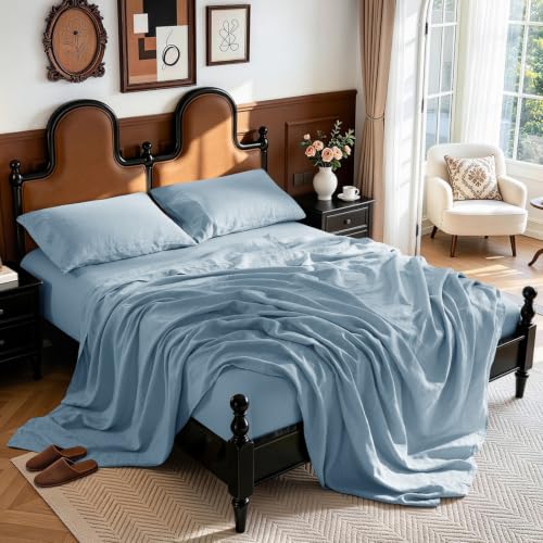 "LBRO2M 100% French Organic Linen Sheet Set, 19"" Deep Pocket Queen Size 4Pcs - Natural Flax Bed Sheet, Soft, Breathable,Durable Sheets, Cozy for All Year Round, Ideal for Hot Sleepers, Dusty Blue"