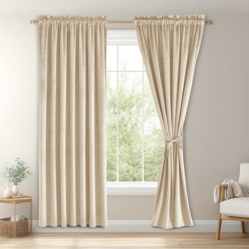JIUZHEN Beige Light Filtering Velvet Curtains Privacy Protect Room Darkening Rod Pocket Thick Velvet Window Drapes for Bedroom/Dining Room, Set of 2 with Tiebacks, W52 x L72 inches