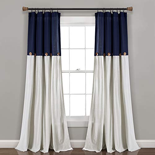 "Lush Decor Linen Button Window Curtain Single Panel, Cotton Blend, Navy & Off-White, 40"" W x 95"" L (Pack of 1)"