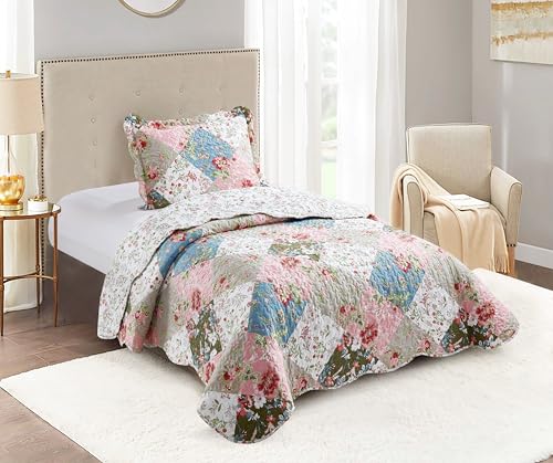 "Brilliant Sunshine Peach & Olive Flowers Quilt, Twin Size - Patchwork Design, Reversible Bedspread, Soft Lightweight Coverlet with Sham, Washable Bedding Set, All Seasons, 68""x90"""