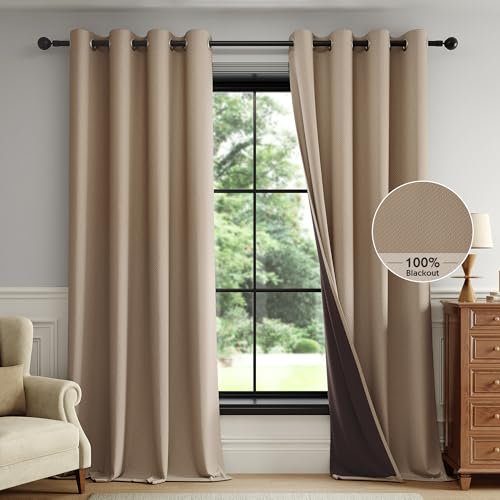 FMFUNCTEX 100% Blackout Brown Curtains 84 Inch Long Grommet Drapes 2 Panels - Black out Drapes, Thermal Insulated Noise Reducing, Textured Weave, Room Darkening, Window Curtain, for Living Room,Grommet