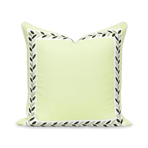 "Hofdeco Premium Coastal Patio Indoor Outdoor Throw Pillow Cover Only, 20""x20"" Water Repellent for Backyard, Couch, Green Embroidered Frame Leafs with Piping"